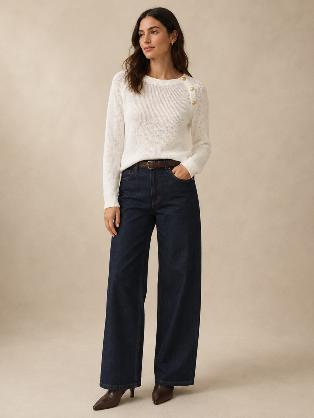 J. Crew Cream Crewneck Sweater with Gold Shoulder Buttons